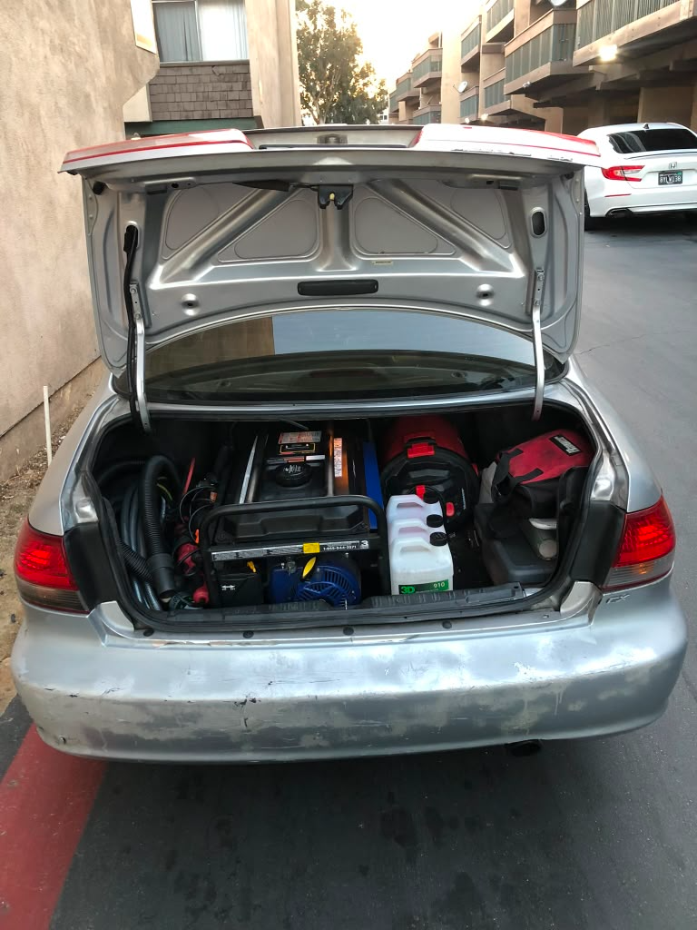 Brandon's Honda trunk loaded with detailing equipment in 2021 — where Brandon Auto Sport Club started